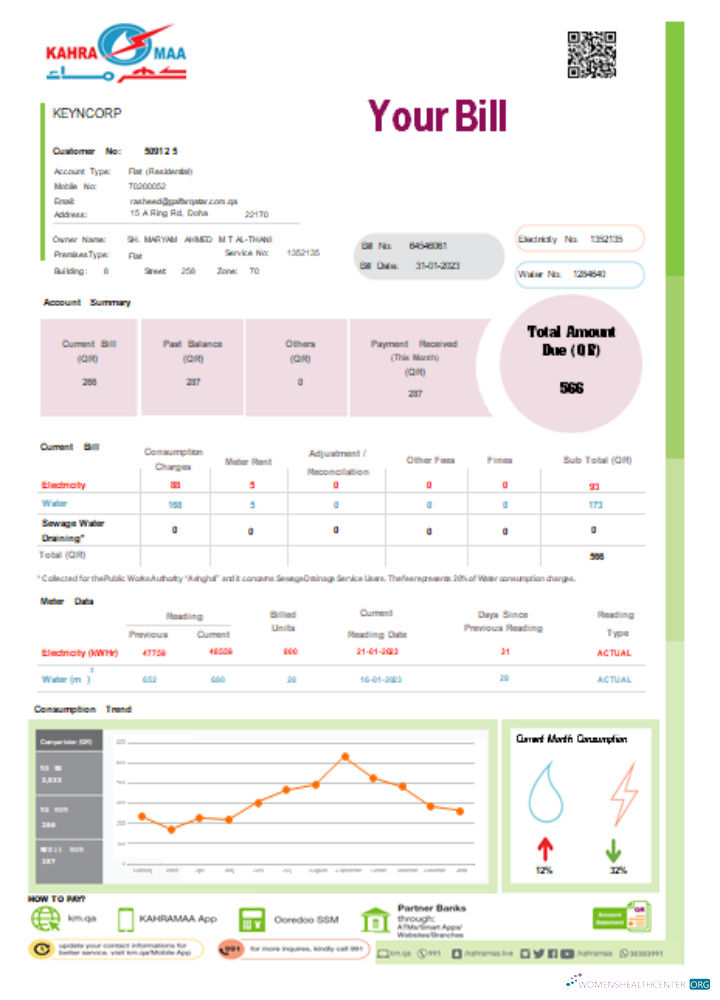 Download Kahramaa utility business bill, page 1, SCR Photoshop template